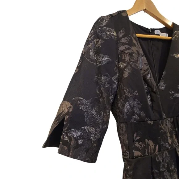 NWT Kay Unger Dress Womens 6 Tall Stella Gown Black Floral Metallic Sleeves Maxi - Picture 5 of 9